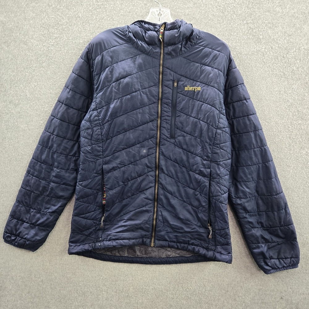 Sherpa Men Jacket M Blue Puffer Hooded Logo Embroidery Full Zip READ